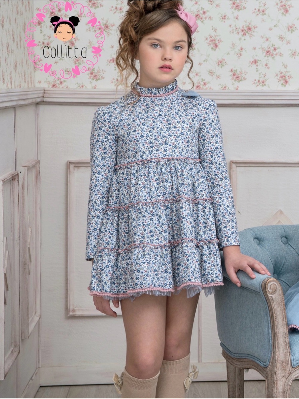 Collitta Blue Floral Tiered Ruffle Girls' Dress